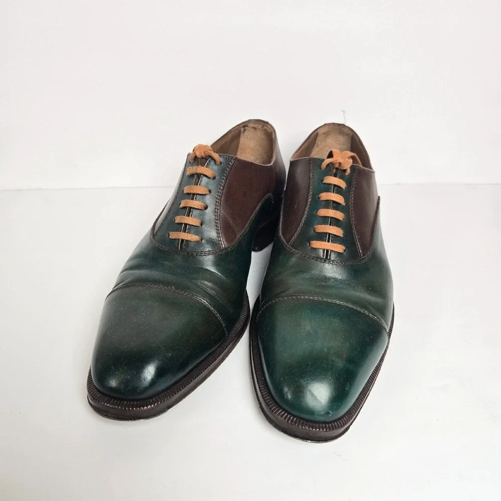 Barney's New York Men's Sz 7 Cap-Toe Oxford Green Luxury Leather Cap Dress Shoes